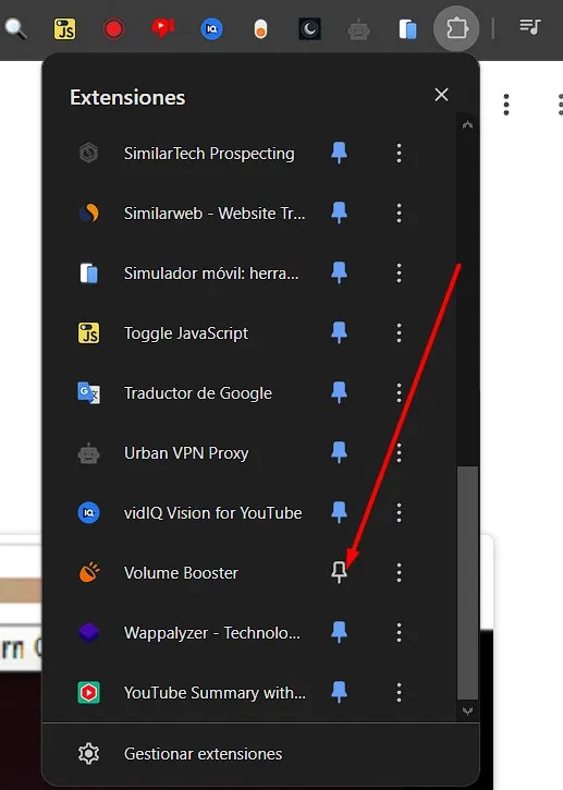Pinear la Extensión para Subir Volumen en computadora