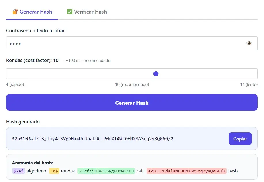 Generador de Hash Bcrypt Online